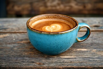 Beautiful latte art in a turquoise cup on a rustic wooden table