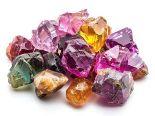 Fototapeta premium A cluster of small polished gemstones, multicolored and bright, isolated on white