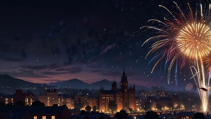 Naklejka premium City’s Skyscrapers Beneath Vibrant Fireworks Display at Night, Colors Filling the Skyline with Festive Spirit: Explosive Celebration of Light Over Modern Urban Architecture in Dark Evening Sky