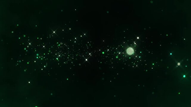 Abstract shimmering particles in deep green background, sparkling bokeh effect creating festive atmosphere, glowing lights transition, seamless loop, vibrant holiday celebration ambiance. Copy space.