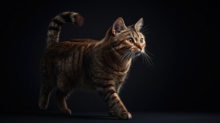 Obraz premium Tabby Cat Walking on Black Background