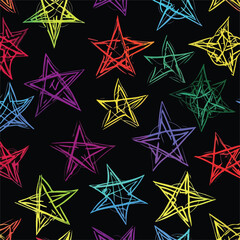 Obraz premium Bright Pentagrams on Black Background Seamless Pattern