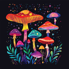 Vivid Psychedelic Mushrooms on Black Background