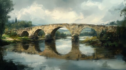 Fototapeta premium Weathered Roman stone bridge stretching over a river, with reflections in the water and greenery on both sides, evoking a historical charm.