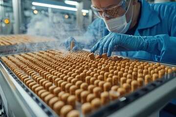 Fototapeta premium A worker in protective gear inspecting a line of freshly made popsicles