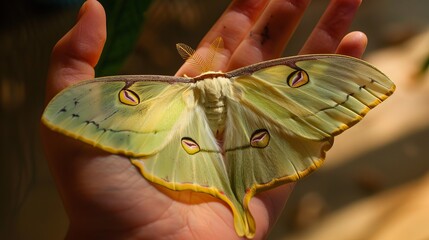 A large green moth with intricate markings sits gently on a person's hand.