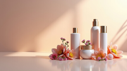 A collection of beauty products and flowers on a table.