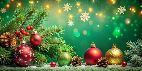 Fototapeta premium Festive Christmas Green Background with Decorative Elements for Holiday Celebrations and Seasonal Greetings