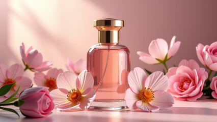 A glass bottle of perfume adorned with pink flowers.