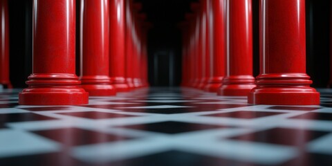 Red Columns and Checkered Floor Abstract Architecture Design