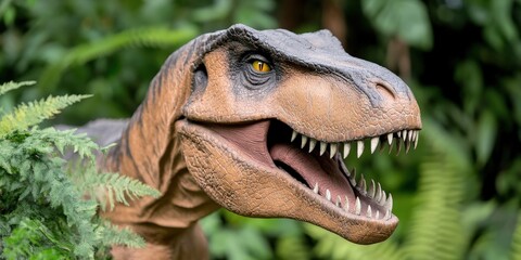 Obraz premium Close Up of T Rex Dinosaur Head with Sharp Teeth in Lush Green Foliage