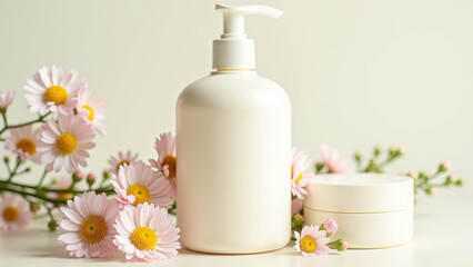 A collection of white beauty and skincare products, including a hand cream bottle, surrounded by pink flowers.