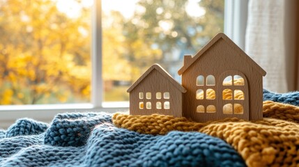 Wooden figurines of houses sit on a cozy knitted blue and yellow blanket, basking in sunlight from a nearby window.