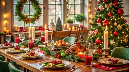 Festive Christmas Lunch Table Setup with Holiday Decorations and Delicious Dishes