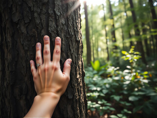 A hand resting on a tree trunk in a lush green forest during golden hour with sunlight filtering through the leaves