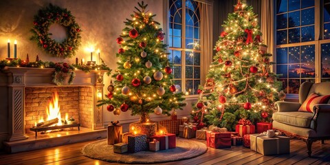 Festive Christmas Tree Decorated with Lights and Ornaments in a Cozy Living Room Setting