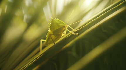 A green insect with long legs camouflages against the foliage, basking in the warm sunlight.