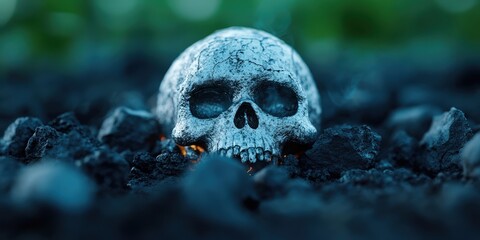 Human Skull in Volcanic Ash   Dark  Mysterious  and Eerie