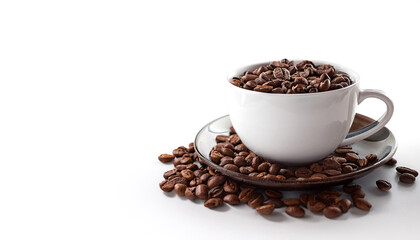 Fototapeta premium Coffee cup with coffee beans on side position provides copy space for text. background concept isolated white