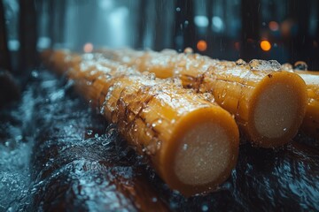 Wet Yellow Cylinders Under Rainy Sky