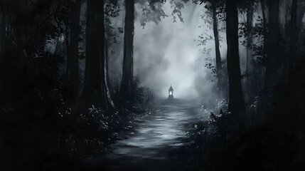 Fototapeta premium A single lantern illuminates a misty forest path.