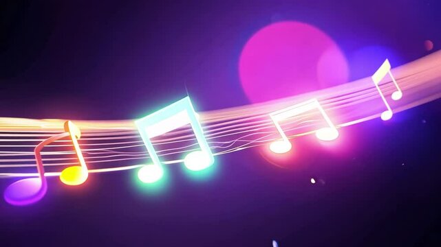 Colorful musical notes flow along light trails, accompanied by a treble clef, creating a vibrant and dynamic visual experience