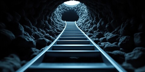 Obraz premium Metal Ladder Leading Upward in Dark Cave with Light at the End Concept of Hope and Succe