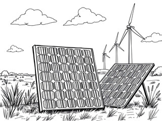 Solar panels and wind turbines generating clean energy in a rural landscape under a cloudy sky