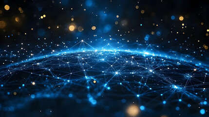 Fototapeta premium Abstract Background with Blue and Gold Bokeh and Globe with Network Connections