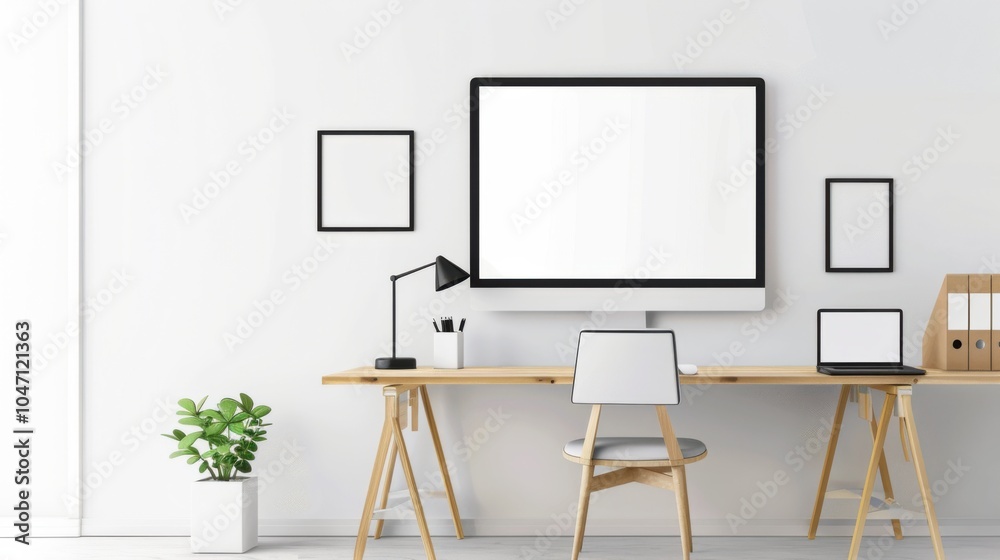 Aufkleber A minimalistic yet functional workspace design featuring a clean white canvas backdrop, Thoughtfully arranged minimalist office furniture for efficiency, Scandinavian minimalist style
