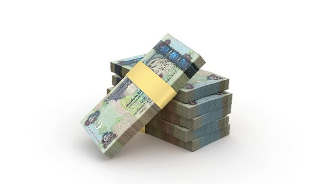 Money Falling Bundles of UAE Dirhams 500 Notes 3D Render Animation