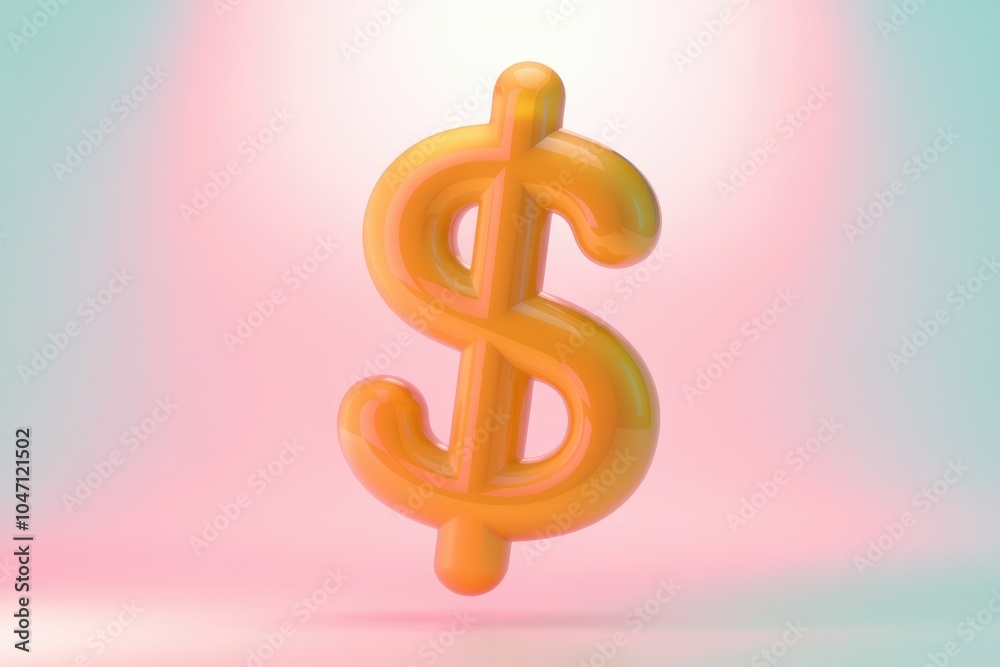 Poster a golden dollar sign symbol rendered in 3d with a soft glowing background.