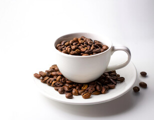 Obraz premium Coffee cup with coffee beans on side position provides copy space for text. background concept isolated white