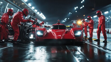 Race Car Entering Pit Lane Under Bright Lights and Wet Conditions