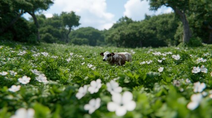 Obraz premium Cow Grazing in a Lush Meadow with White Flowers and Blue Sky