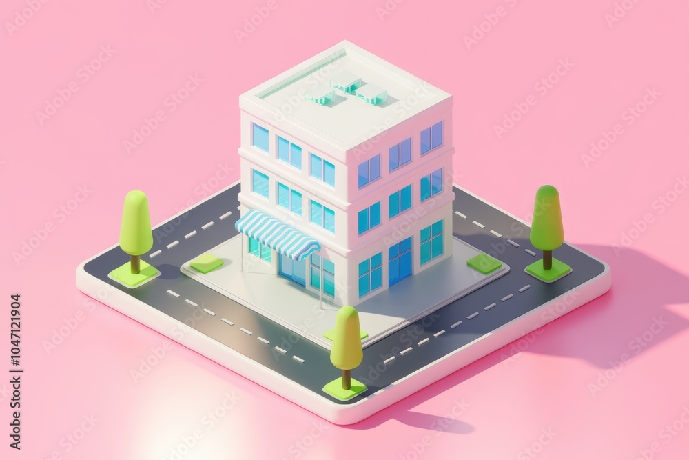 Poster 3d isometric rendering of small white building with blue windows