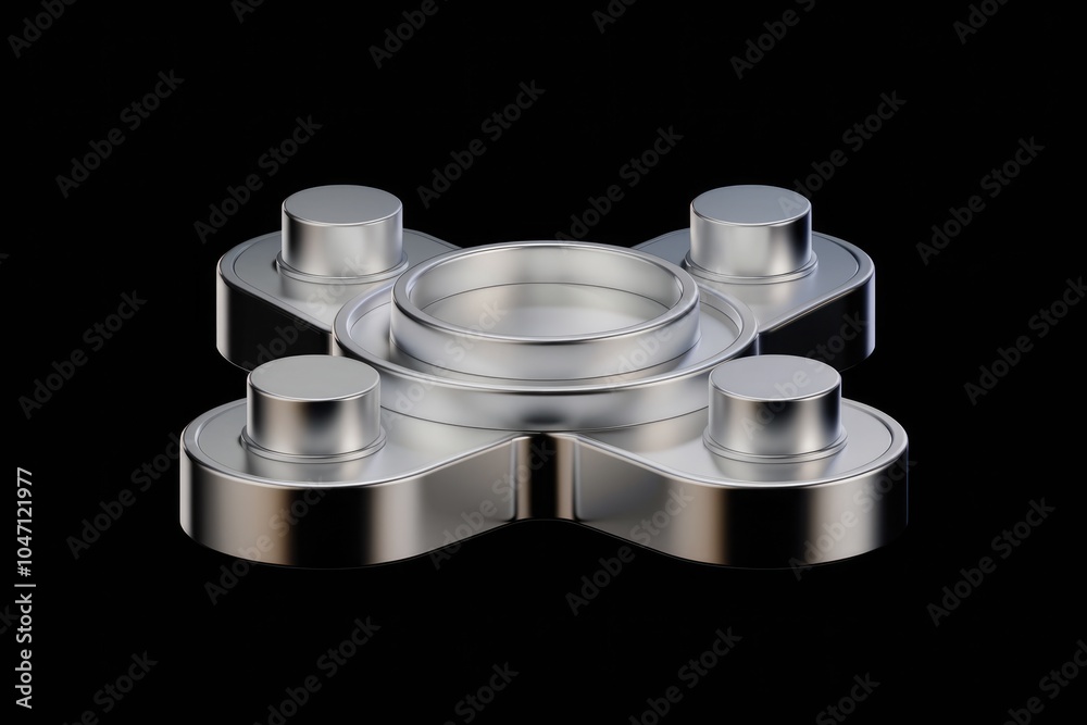 Poster A silver  four pronged object with a circular center  possibly a mechanical component.
