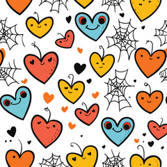 Bright Hearts and Cobwebs Vector Pattern