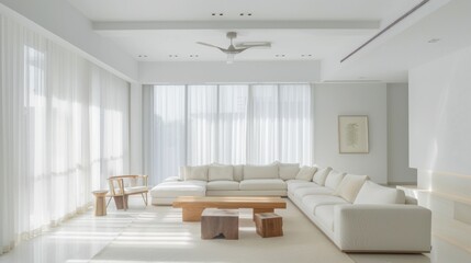 Fototapeta premium A minimalist-inspired living space adorned with a pristine white canvas backdrop, Featuring understated furniture arrangements for a clean and serene ambiance