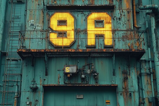 Illuminated "9A" on a Weathered Industrial Building