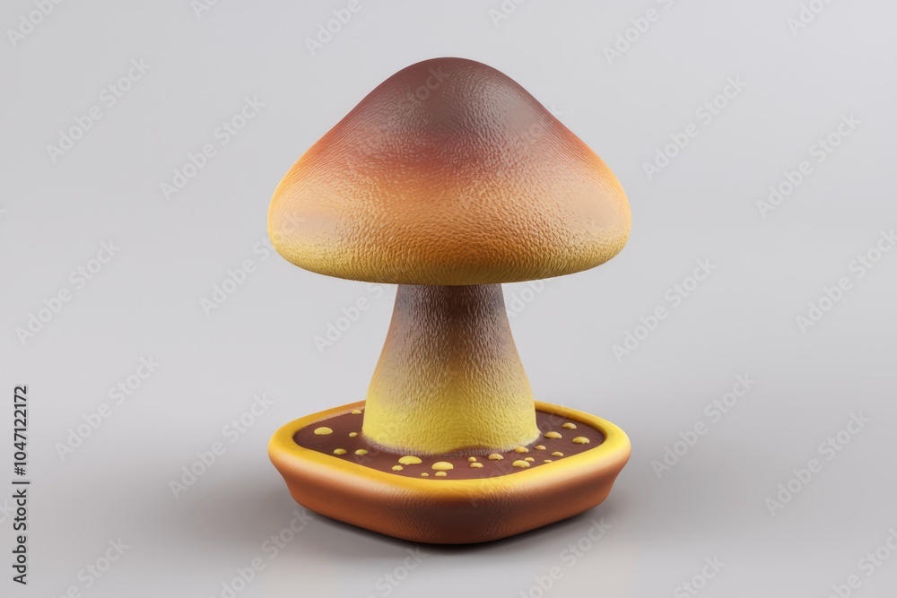 Poster a 3d rendered image of a cartoon mushroom with a brown and yellow gradient.