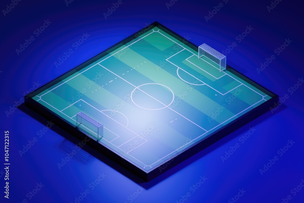 Poster an isometric view of a soccer field with goals.
