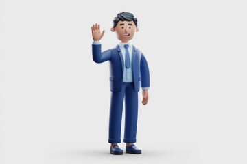 A 3D cartoon character of a businessman in a blue suit waving.