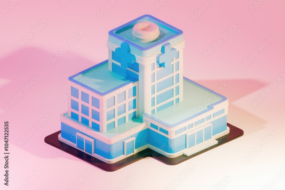 Poster A low poly 3D model of a modern building with a blue and white color scheme.