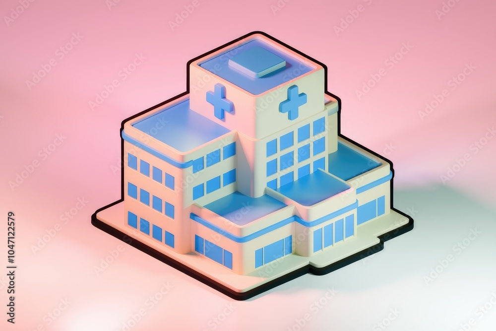 Poster A stylized 3D model of a hospital building with a cross on top.