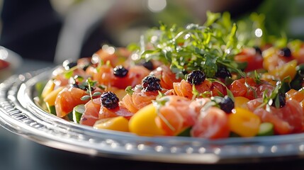 Gourmet catering platter with assorted colorful canapés and appetizers, vibrant fresh ingredients presented on silver serving trays with elegant presentation and bright natural lighting.