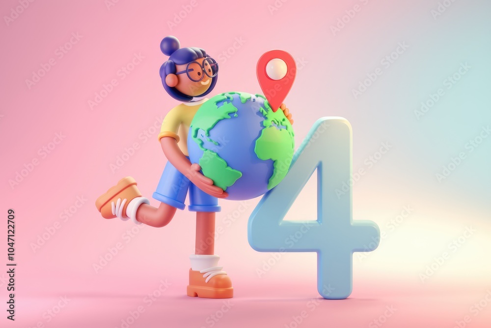 Poster a 3d cartoon character holding a globe with a location pin and a 4 beside her.