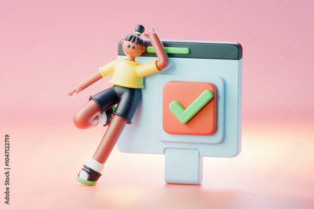 Poster 3d cartoon character next to green checkmark symbolizing success.