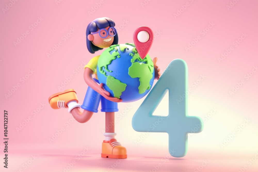 Poster A 3D cartoon character holding a globe with a location pin  standing next to a large number four.