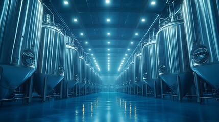 Industrial brewery interior featuring rows of stainless steel fermentation tanks, soft blue lighting, clean modern facility with polished metal surfaces and symmetrical composition.